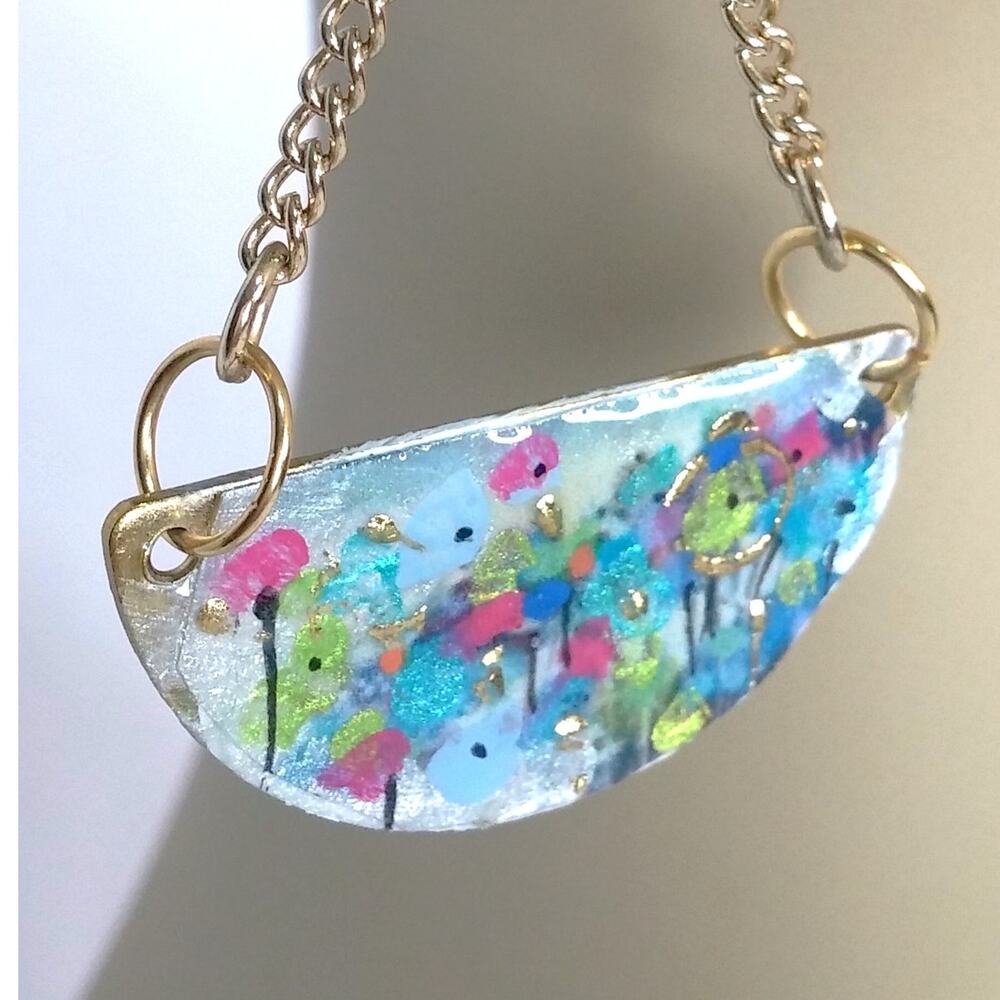 Artisan Crafted Painted Floral Earrings Half Moon Gold Tone Chain Monet Abstract - Picture 4 of 10